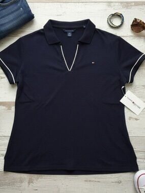 Tommy Hilfiger Women's Navy Short Sleeve V Neck Polo SZ XL